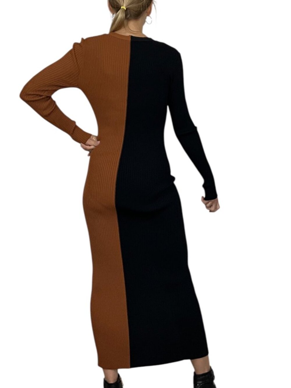 Staud Shoko Colorblocked Midi Dress S Tan Black Ribbed Long Sleeve Fall Fashion - Picture 3 of 16